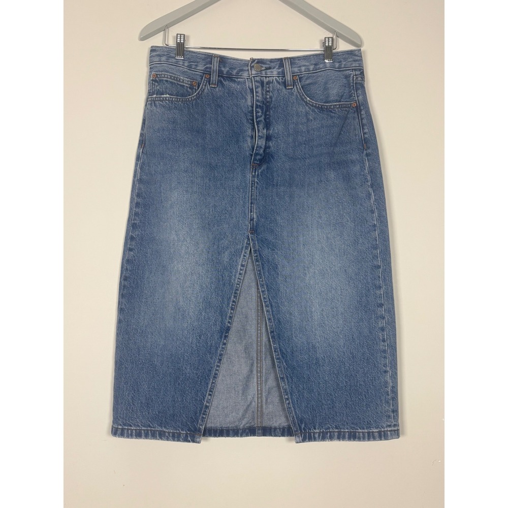 Denim Forum Aritzia The 90s Halle Skirt Medium Wash Front Slit Midi 31